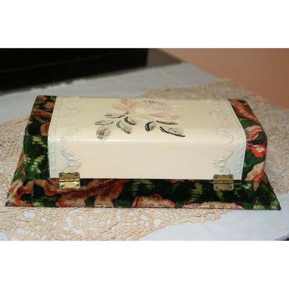Antique Victorian Velvet & Celluloid Dresser Box Embossed Pink Rose Cottagecore - Picture 5 of 9